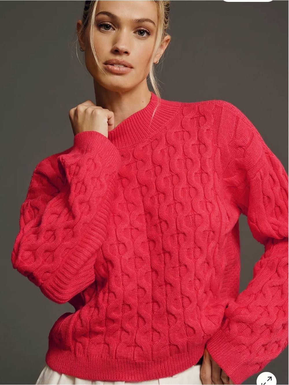 By Anthropologie 4SI3NNA Long-Sleeve Cropped Cable Sweater, Size XS fuchsia.